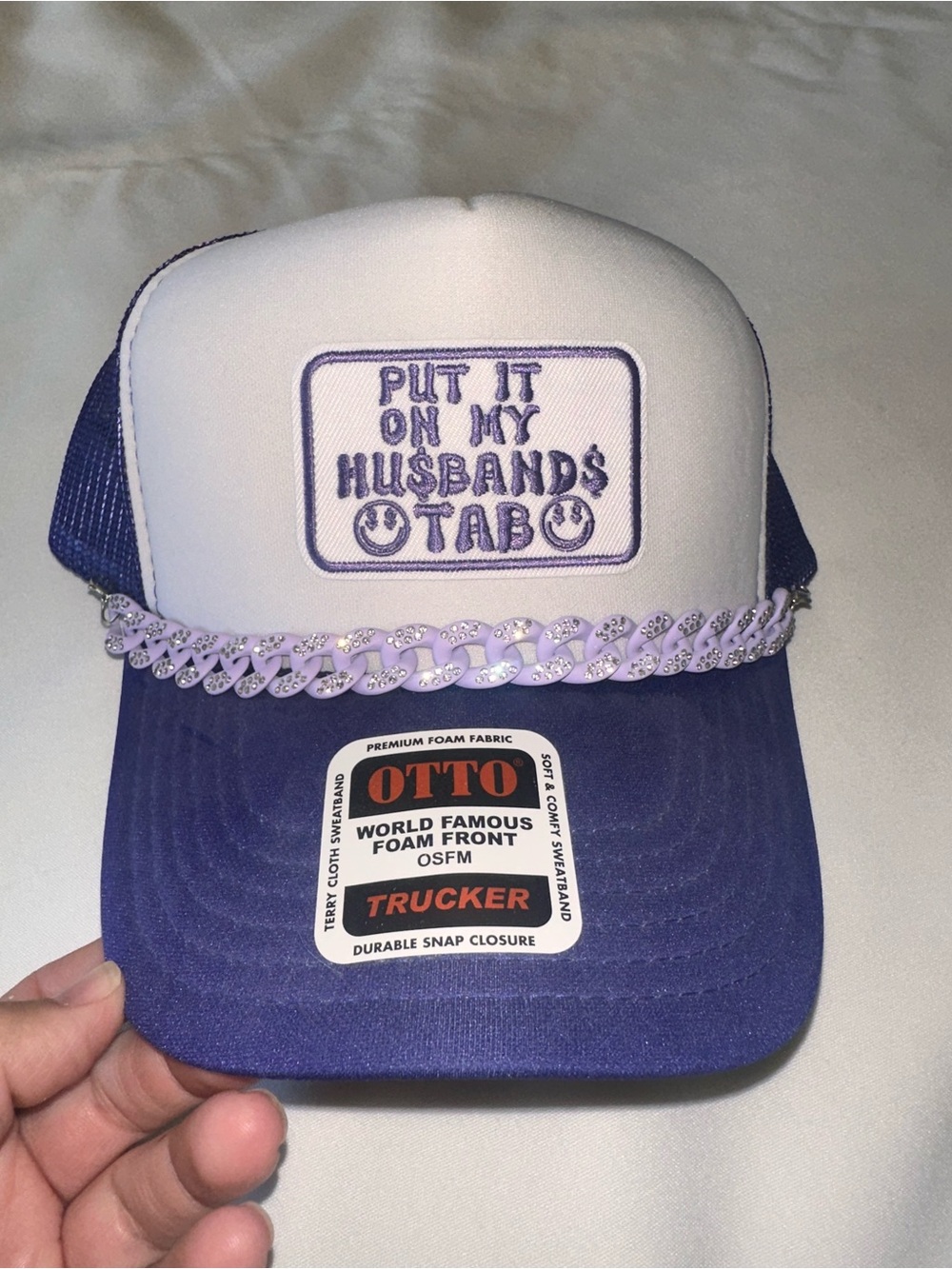 OTTO White and Purple Trucker Hat with Chain Accent